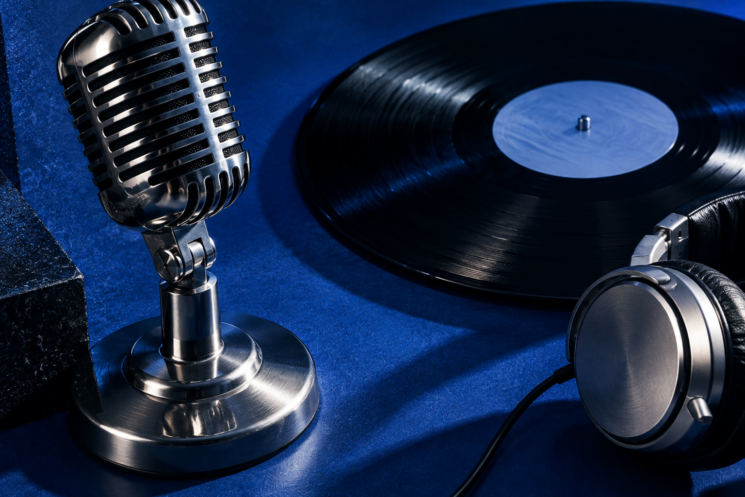 Chrome microphone, vinyl record and headphones against vivid blue